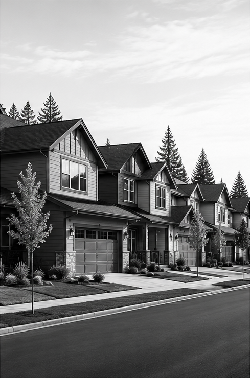 Residential homes along a completed neighborhood street