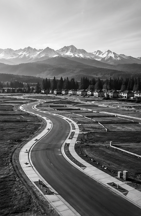 Finished-lot development road with mountain backdrop