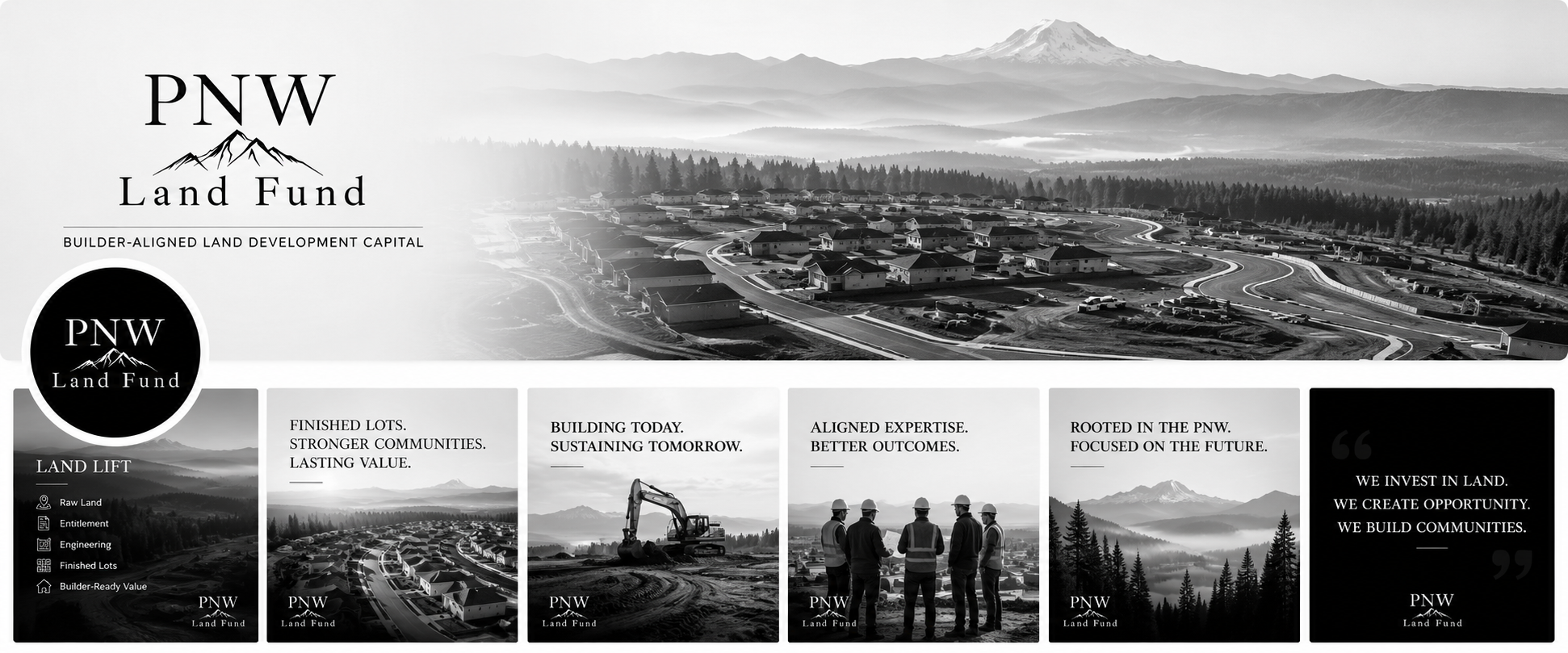 PNW Land Fund brand board showing development capital themes