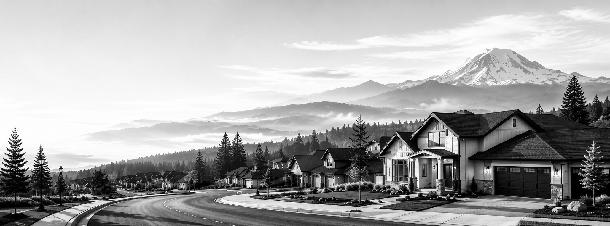 Pacific Northwest residential development at the base of mountain terrain